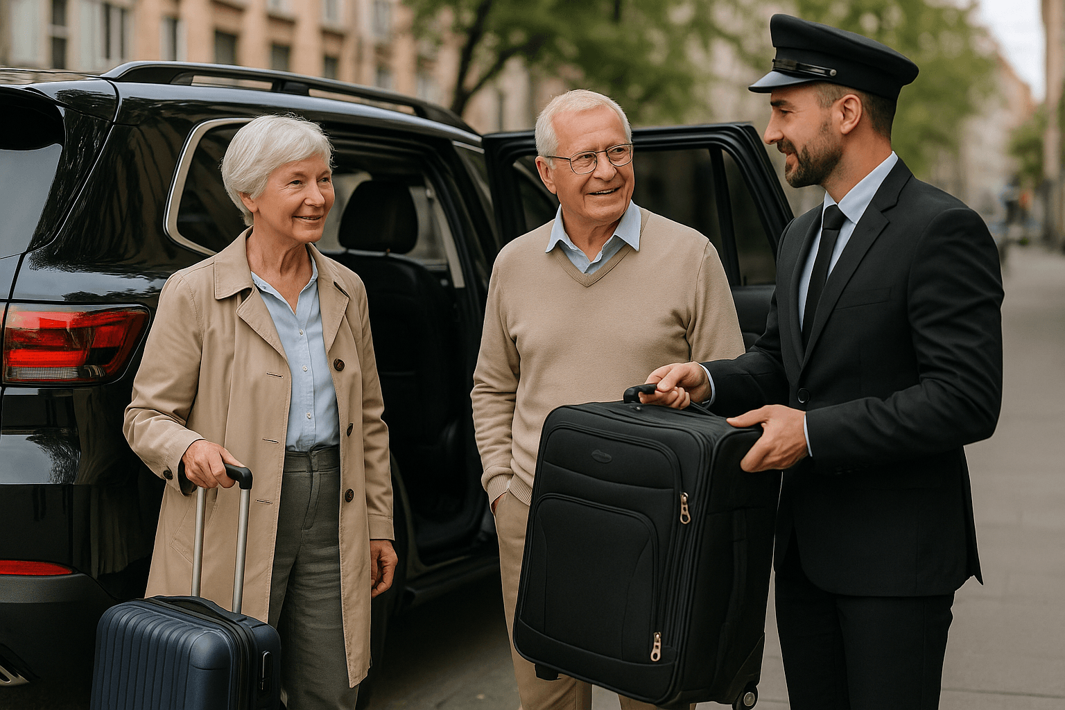 A professional driver meets clients and helps with luggage for a confirmed, flat-rate airport pickup—no surge, no guesswork.