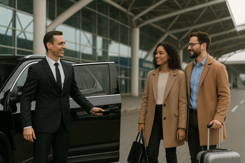 Private car picking up travelers at home for a pre-scheduled airport transfer; clear itinerary from door to gate.