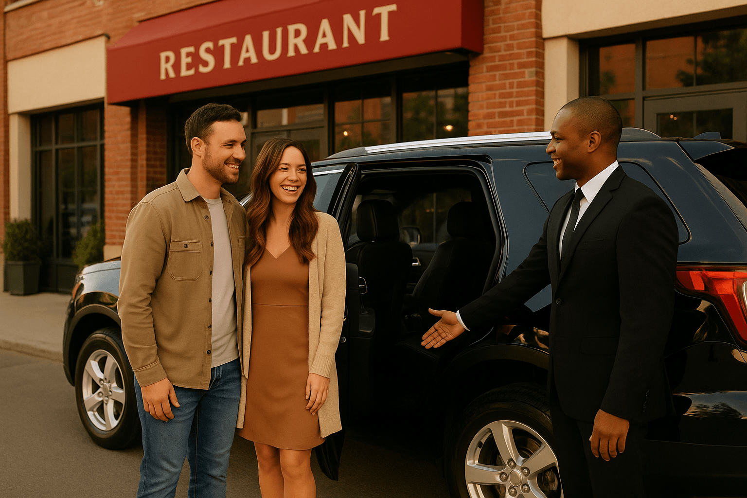 Professional driver greeting passengers at a scheduled pickup for a flat-rate private car ride.
